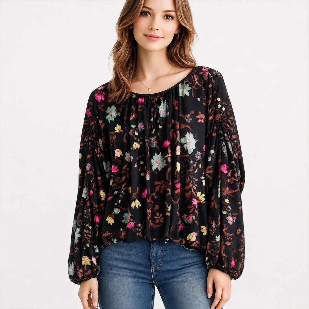 Free People Womens Black Floral Mesh Blouse Ruched Sleeve Blouson Top‎ Size M